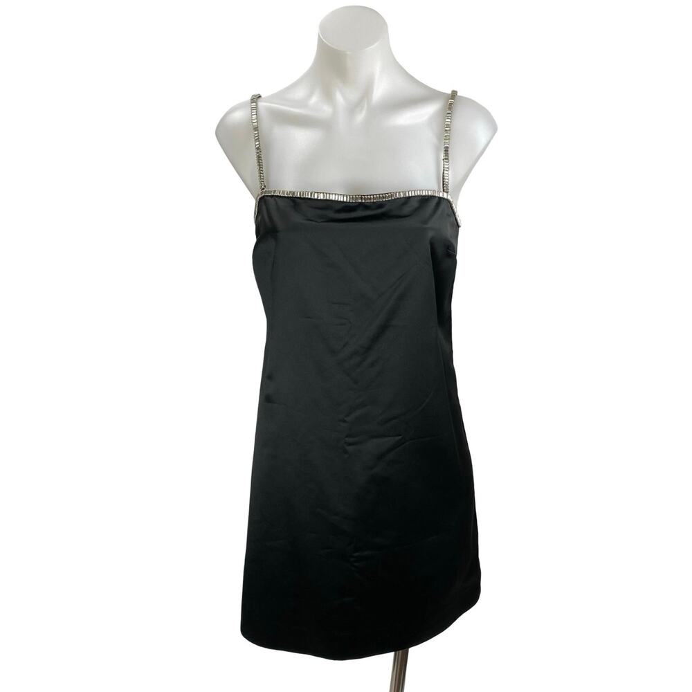 NEW Abercrombie & Fitch Black Satin Rhinestone Mini Cami Tank Shift Slip Dress M